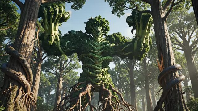 Giant mythical golem-like creature with a body formed from trees, roots, and leaves, stomping through a sunlit forest and causing earth and debris to fly up in an action moment