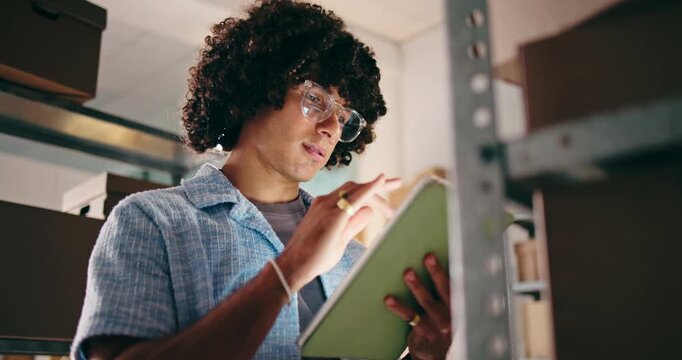 Businessman, logistics and checking boxes with tablet for stock, inventory checklist or management. Man, distributor or supplier with technology for small business, storage service or supply chain