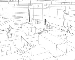 A black and white contour drawing of a warehouse interior filled with geometric furniture, stacked cubes, and storage containers.