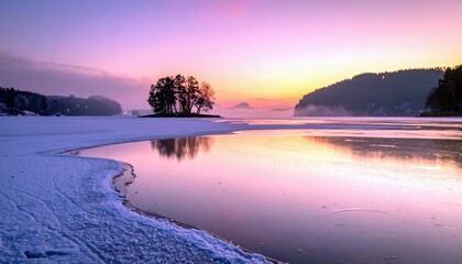 A tranquil winter landscape at sunrise, featuring a frozen lake with a small island of trees and a vibrant pink and purple sky reflected in the calm water.