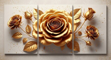 A stunning triptych of golden roses, each petal shimmering with light and casting delicate shadows