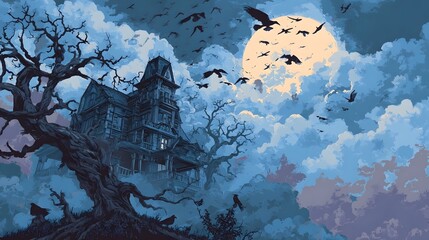 A haunting Gothic style mansion stands ominously against a night sky filled with a large glowing full moon and a swarm of bats creating an eerie supernatural atmosphere
