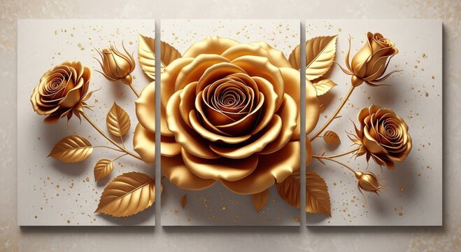 A stunning triptych of golden roses, each petal shimmering with light and casting delicate shadows