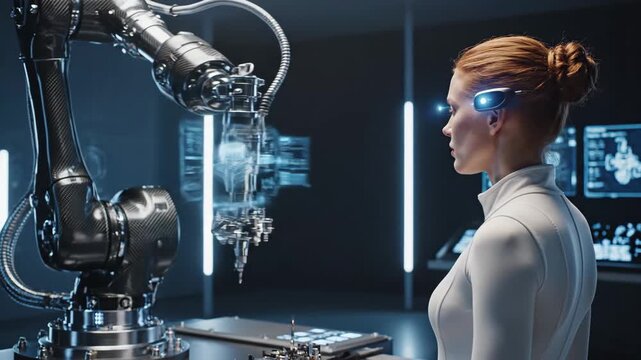 Female scientist in smart ar glasses and lab uniform interacts with holographic 3d interface to control a robotic arm, showcasing futuristic ai-driven research and automation