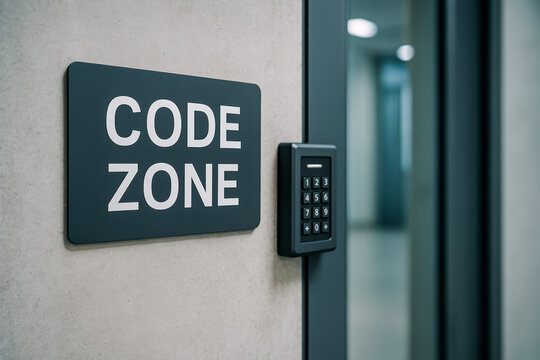 Code zone sign with electronic keypad on office door