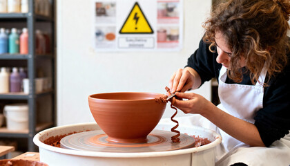 A female artist trims a clay bowl on a pottery wheel in her workshop. Focused craftswoman creating handmade ceramic ware. Creative hobby and artisan craft concept