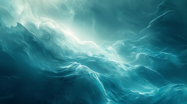 Abstract turquoise landscape with bright light shining through the cloudy formations above