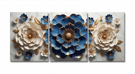 Elegant blue and white floral triptych, a beautiful and modern watercolor design