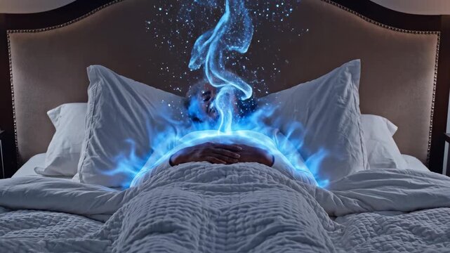 Person sleeping peacefully in bed experiencing a soulful dream, with glowing blue energy rising from their body and head, symbolizing spirituality, inner peace, and imagination