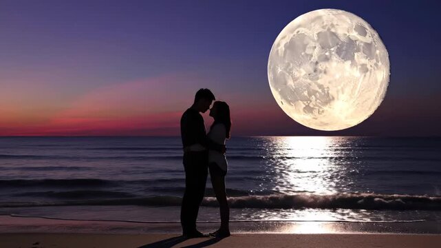 Loving couple in silhouette embracing on a beach with a huge full moon rising above the ocean showing reflections on the water and a beautiful sunset sky
