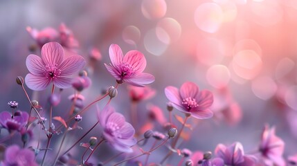 Close up of delicate pink flowers with bokeh background in soft focus and dreamy light effect