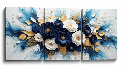 Elegant floral arrangement with blue and white flowers, accented by golden leaves