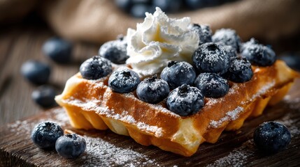 A delicious waffle topped with fresh blueberries and whipped cream, dusted with powdered sugar, presented on a wooden surface.