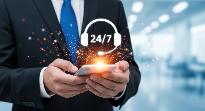 Man holding smartphone with 24 7 customer support headset icon glowing brightly - Powered by Adobe