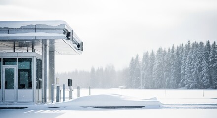 Obraz premium Snowy toll booth in winter landscape with trees in background 