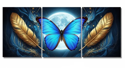 A mesmerizing triptych canvas art featuring a blue butterfly and golden feathers against a moonlit backdrop