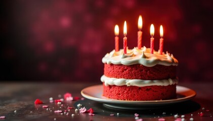 Rich red layer cake, five burning candles, buttercream frosting , delicious, bakery