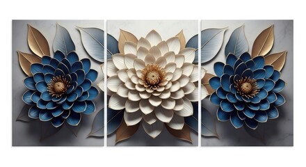 A stunning triptych canvas art featuring blue and gold flowers with intricate details