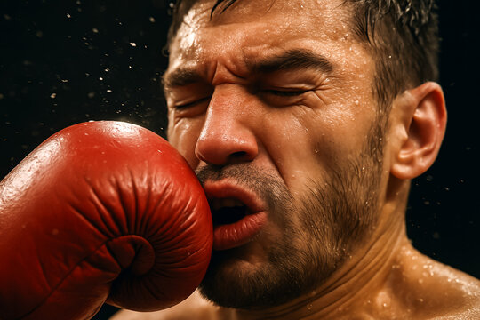 Close-up of boxer receiving a punch with intensity and focus
