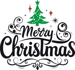 Merry Christmas festive lettering with holiday decorations and winter elements