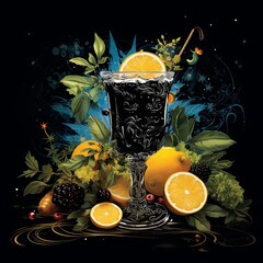 Elegant Dark Cocktail with Citrus and Berries Still Life, Aromatic and Refreshing Drink
