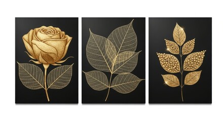 Golden rose and leaves on a black background in a triptych format