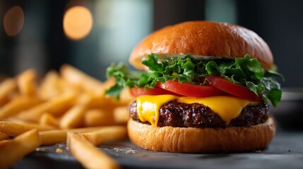 Juicy burger with fresh toppings and golden fries at a cozy diner