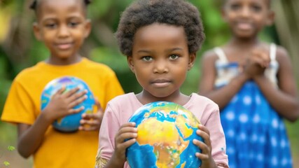 A young girl is holding a globe in her hands. She is smiling and looking at the camera - Powered by Adobe