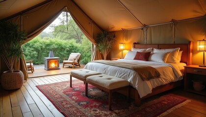 Luxury safari tent interior with king bed, fireplace, and outdoor seating area. Enjoy cozy comfort and nature views with wood floors and elegant decor.