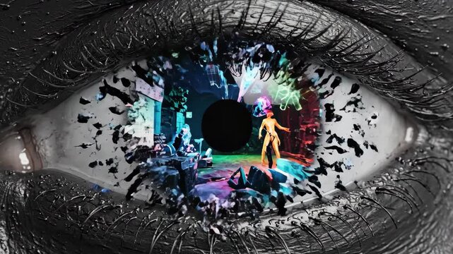 Abstract colorful human eye showing glowing light branches replicating a neural network across the rainbow iris with data code for a futuristic vision technology concept