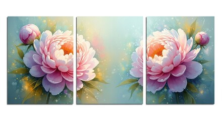 Pastel peony triptych with dreamy bokeh background and soft lighting