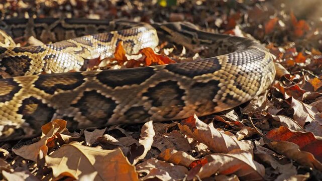 Python snake resting on a sunlit forest floor, blending seamlessly with the dry brown and orange autumn leaves, displaying natural camouflage and wildlife survival instincts