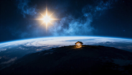 Christmas nativity scene with a glowing manger on a hill. The star of Bethlehem shining over planet Earth from space. A Christian religious concept of faith and hope