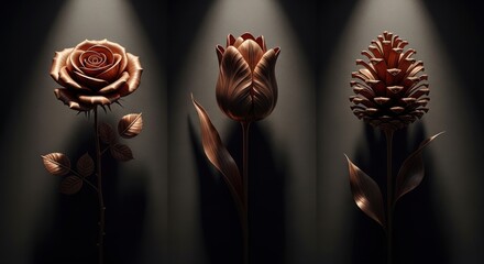 Elegant bronze flower and pine cone triptych with dramatic lighting on a dark background