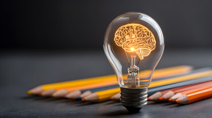 Light bulb with glowing brain illustration on a dark background surrounded by colored pencils