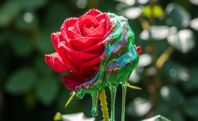 Beautiful red rose flower in the garden with glistening dew drops on its velvet petals, a symbol of nature's summer love and bloom