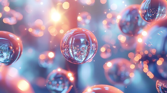 Floating glass spheres with internal bubbles and bokeh lights against a blurred backdrop
