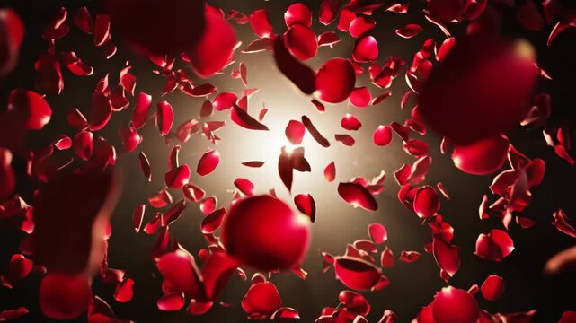 Red rose petals burst outward on a black background into an abstract heart, evoking love, romance, passion and celebration&mdash;elegant, sensual floral art for special occasions