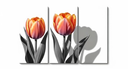 Three orange tulips with black and white leaves canvas print