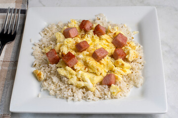 rice  with scramble eggs and spam