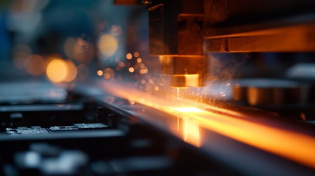 Metal fabrication process with laser cutting showing sparks and intense heat