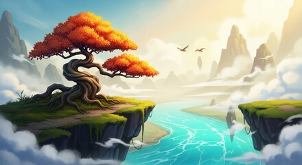 Bonsai tree on floating island with river and mountains, a peaceful and surreal landscape