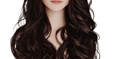 A digital art portrait showcases a woman's fair skin and long, wavy, dark brown hair with no background