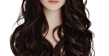 A digital art portrait showcases a woman's fair skin and long, wavy, dark brown hair with no background