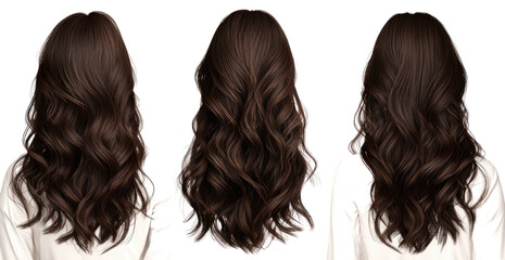 Three back views of a woman with wavy, brown hair against a transparent background