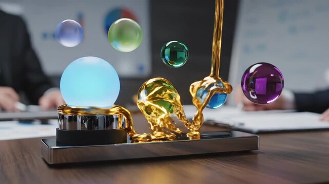 Abstract concept of innovation and technology, featuring a liquid flowing into a glowing blue orb surrounded by other colorful spheres, representing data processing during a business meeting - Powered by Adobe