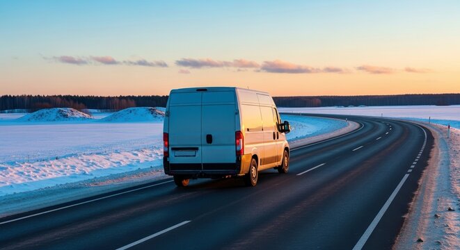White commercial delivery van driving on a winding winter road during sunset.