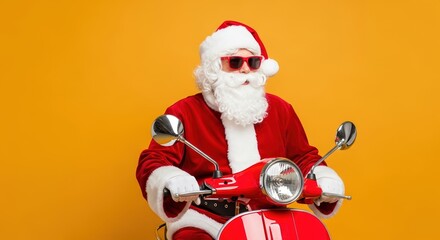 Modern Santa Claus in red sunglasses riding a scooter against a vibrant orange background