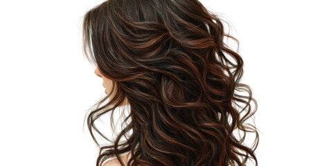 Side view of a woman with long, wavy, layered brown hair with highlights, against black