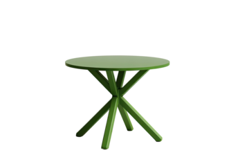 A modern, round, green table with a unique, crossed-leg base stands against a black background